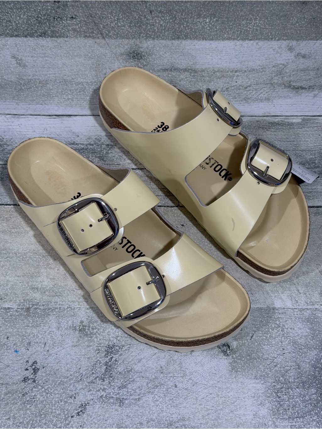 Birkenstock Arizona Big Buckle Slide Sandal - Natural Leather Patent - Sz-7-7.5